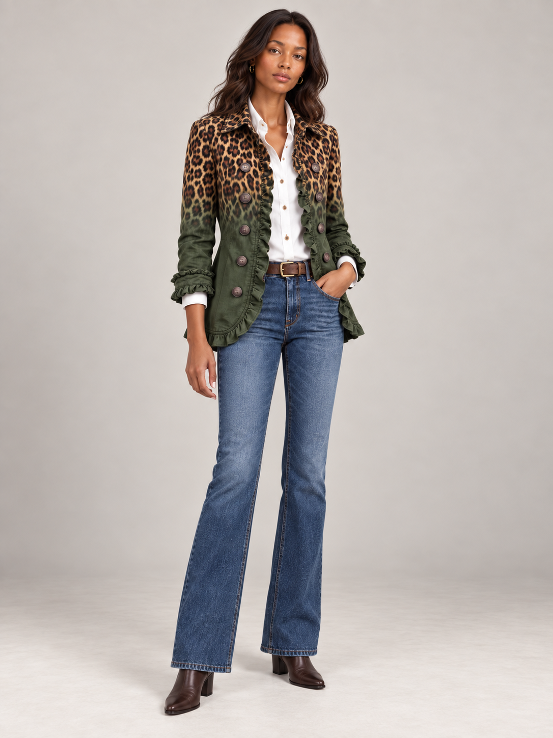 Olivgrüner Blazer mit Leopardenmuster-Verlauf und Rüschen, vorne getragen zu weißer Bluse und Jeans