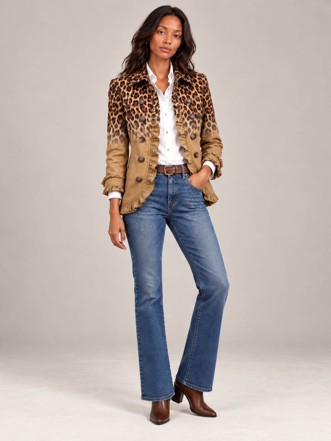 Sandbeiger Blazer mit Leopardenmuster-Verlauf und Rüschen, vorne getragen zu weißer Bluse und Jeans