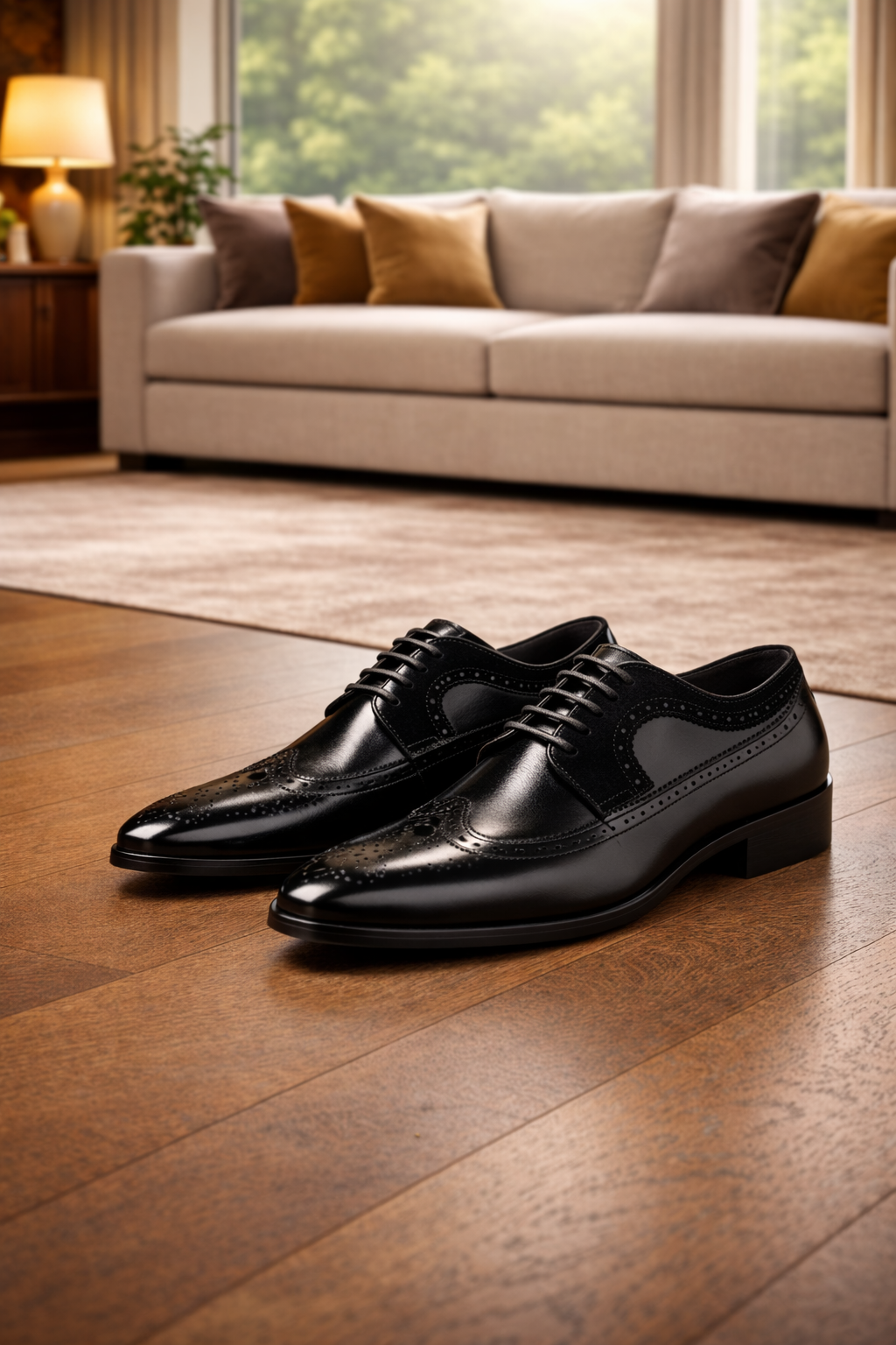 Paar schwarzer Leder-Brogues mit Lochverzierung und glänzender Oberfläche, nebeneinander auf Holzboden vor einem beigen Sofa. 4