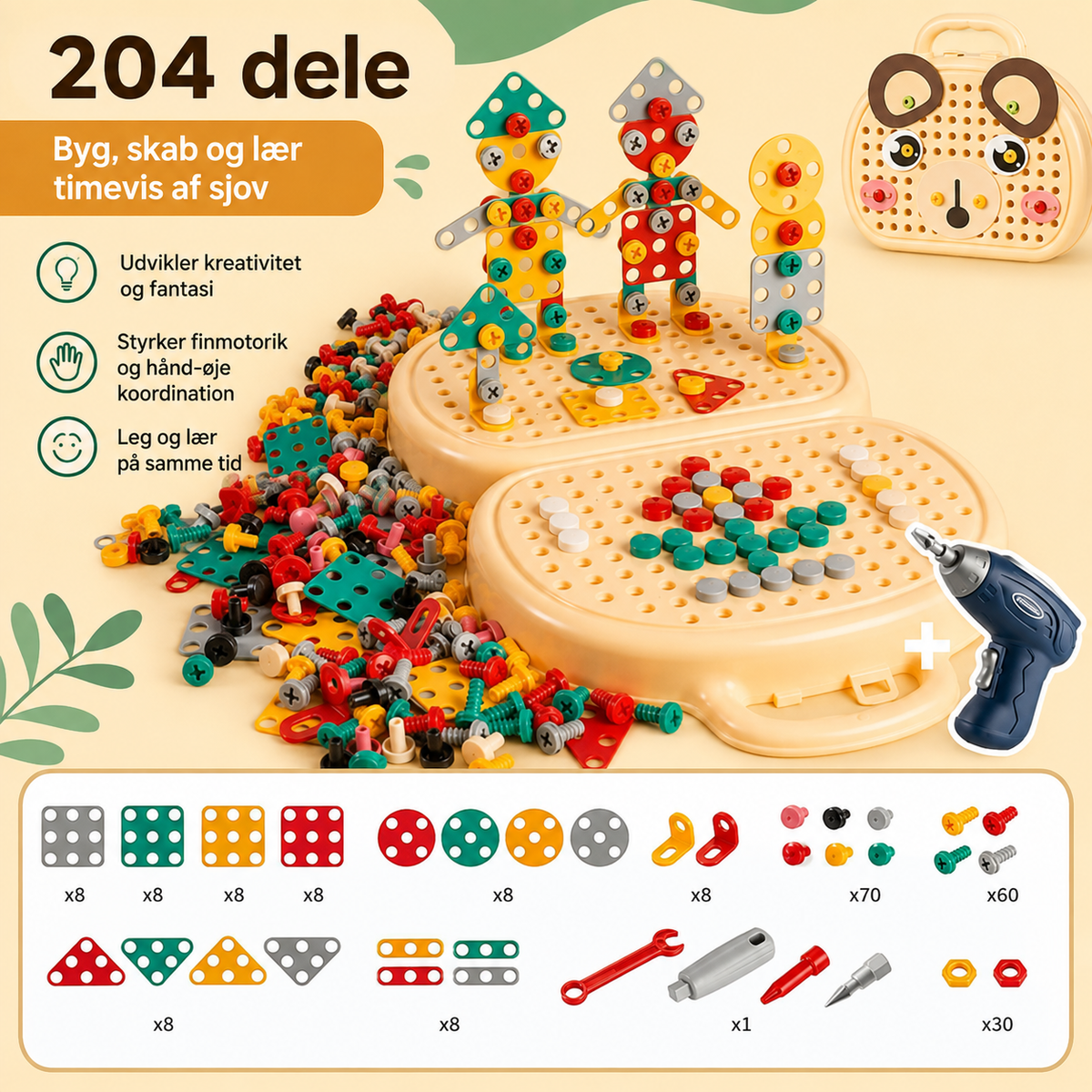 Montessori Werkzeugkasten-Set für Kinder als Übersicht mit hellem Koffer und allen Teilen