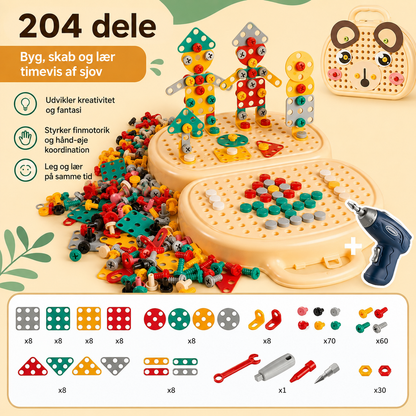 Montessori Werkzeugkasten-Set für Kinder als Übersicht mit hellem Koffer und allen Teilen