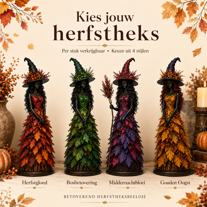 Vier Hexenfiguren nebeneinander in Rot, Grün, Violett und Gold, die vier verfügbaren Farbvarianten, umgeben von Herbstblättern und Beeren. 2