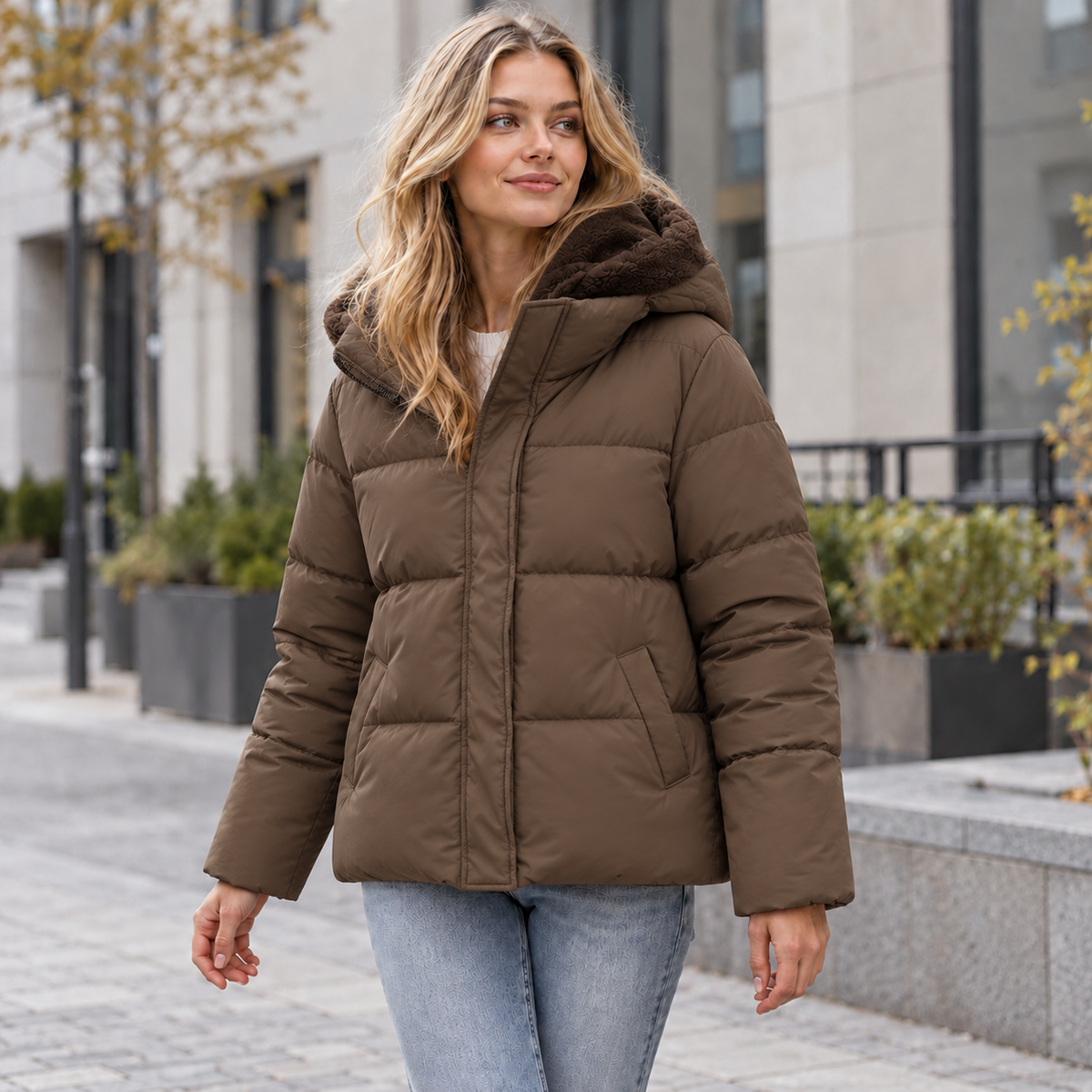 Frau trÀgt die braune Steppjacke mit verdeckter Knopfleiste und plüschiger Kapuzenfütterung zu hellblauer Jeans beim Spaziergang. 2