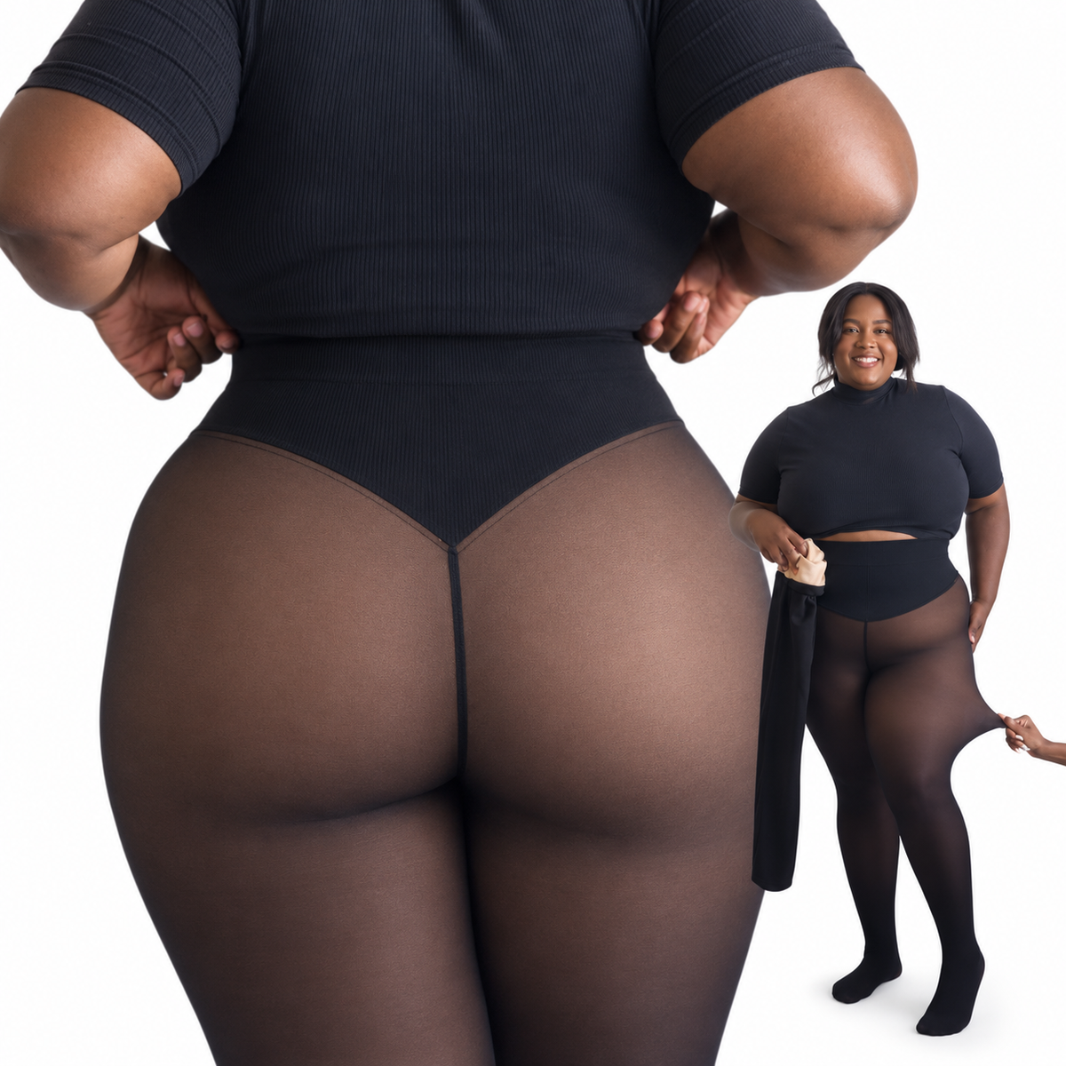 Rückansicht der Leggings an einem Plus-Size-Model mit hohem Taillenbund, rechts ein Ganzkörperbild beim Dehnen des Stoffs mit sichtbarem Fleece. 4