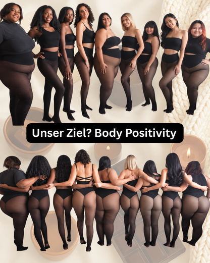 Gruppenfoto vieler Models verschiedener Figuren in schwarzen Leggings, oben von vorn, unten von hinten untergehakt. 7