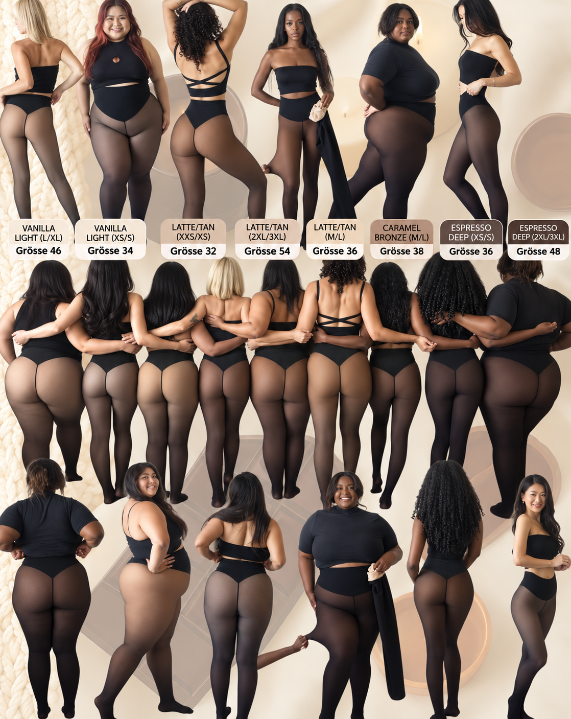 Übersicht der Leggings an vielen Models in Vanilla, Latte, Caramel und Espresso mit Größenangaben, von hinten und von der Seite. 6