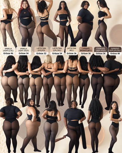 Übersicht der Leggings an vielen Models in Vanilla, Latte, Caramel und Espresso mit Größenangaben, von hinten und von der Seite. 6
