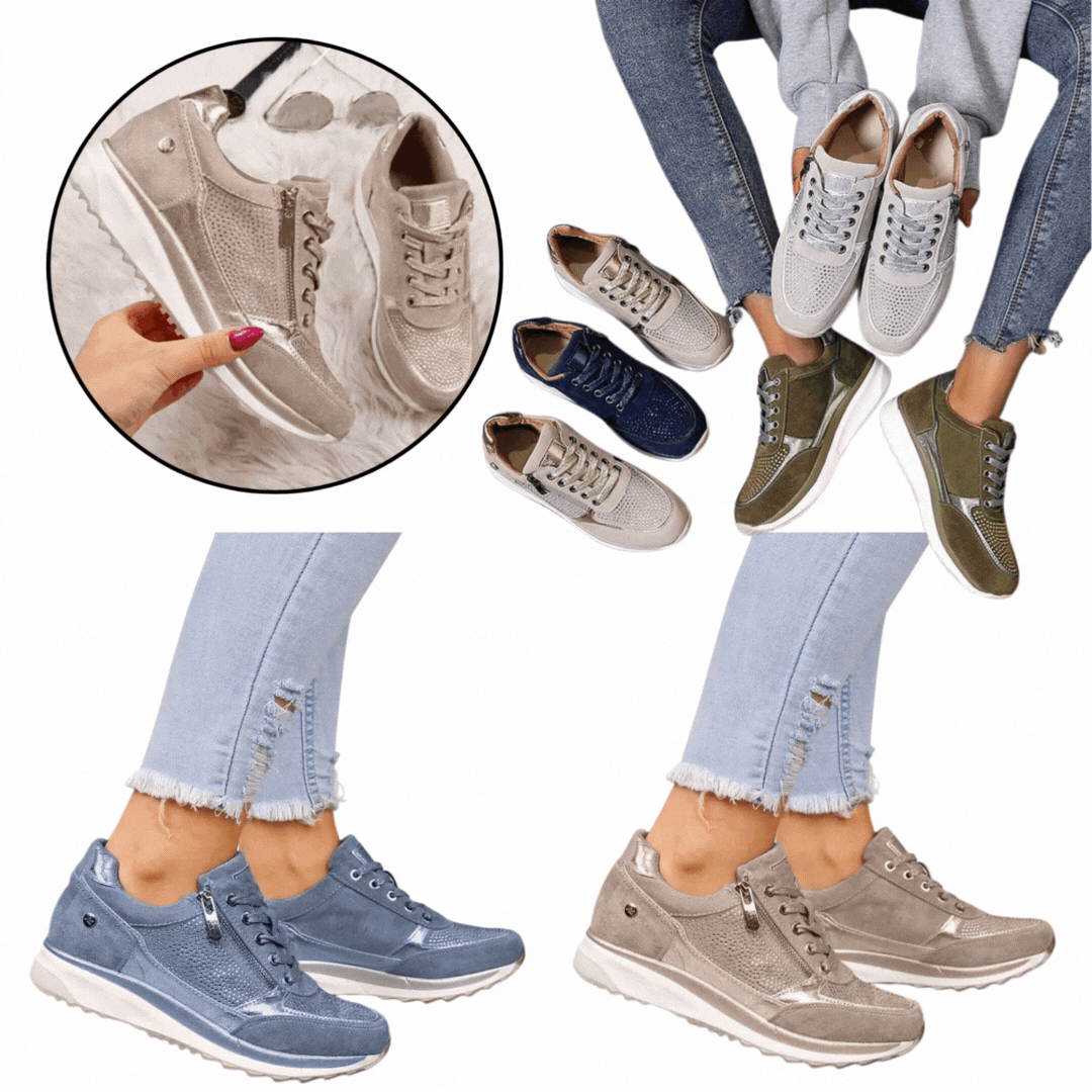 Collage der Sneaker in Beige, Dunkelblau, Grün, Grau, Blau und Taupe, teils getragen 7