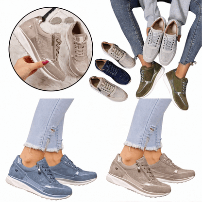 Collage der Sneaker in Beige, Dunkelblau, Grün, Grau, Blau und Taupe, teils getragen 7