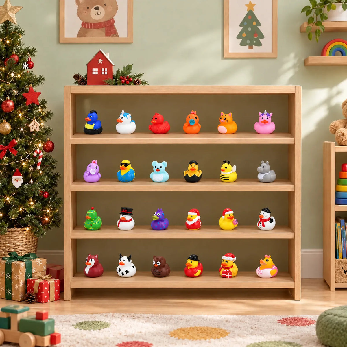 24 bunte Gummi-Entchen in verschiedenen Kostümen stehen auf einem Holzregal neben einem geschmückten Weihnachtsbaum und Geschenken in einem Kinderzimmer. 1
