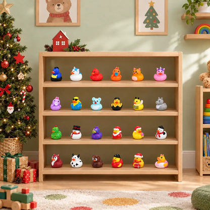 24 bunte Gummi-Entchen in verschiedenen Kostümen stehen auf einem Holzregal neben einem geschmückten Weihnachtsbaum und Geschenken in einem Kinderzimmer. 1