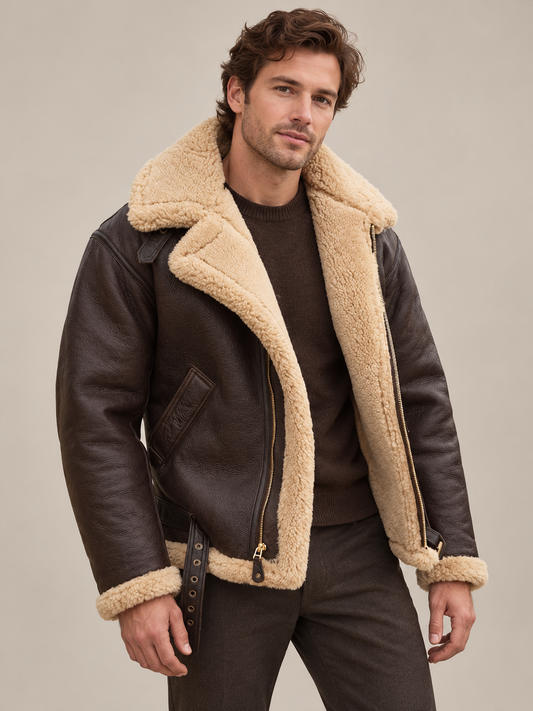 Mann im Studio trägt die dunkelbraune Lederjacke offen mit cremefarbenem Lammfell-Futter über braunem Pullover 1