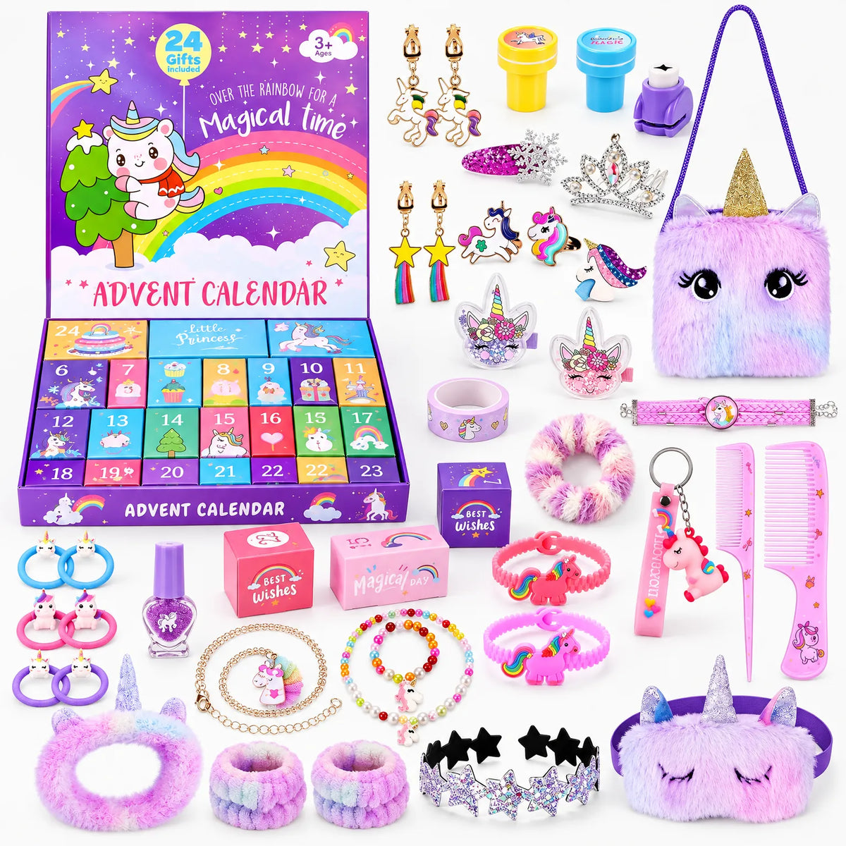 Geöffneter Adventskalender mit nummerierten Fächern, umgeben von Einhorn-Schmuck, Haarspangen, Stempeln, Kämmen, Nagellack 2