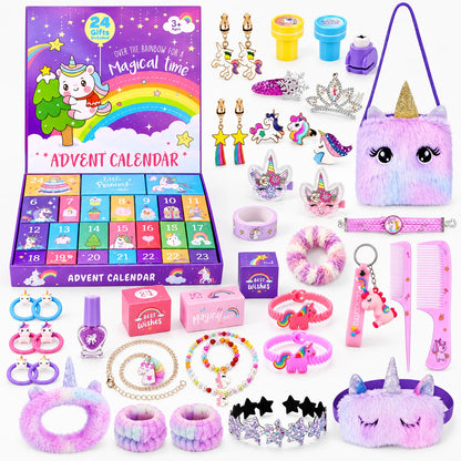 Geöffneter Adventskalender mit nummerierten Fächern, umgeben von Einhorn-Schmuck, Haarspangen, Stempeln, Kämmen, Nagellack 2