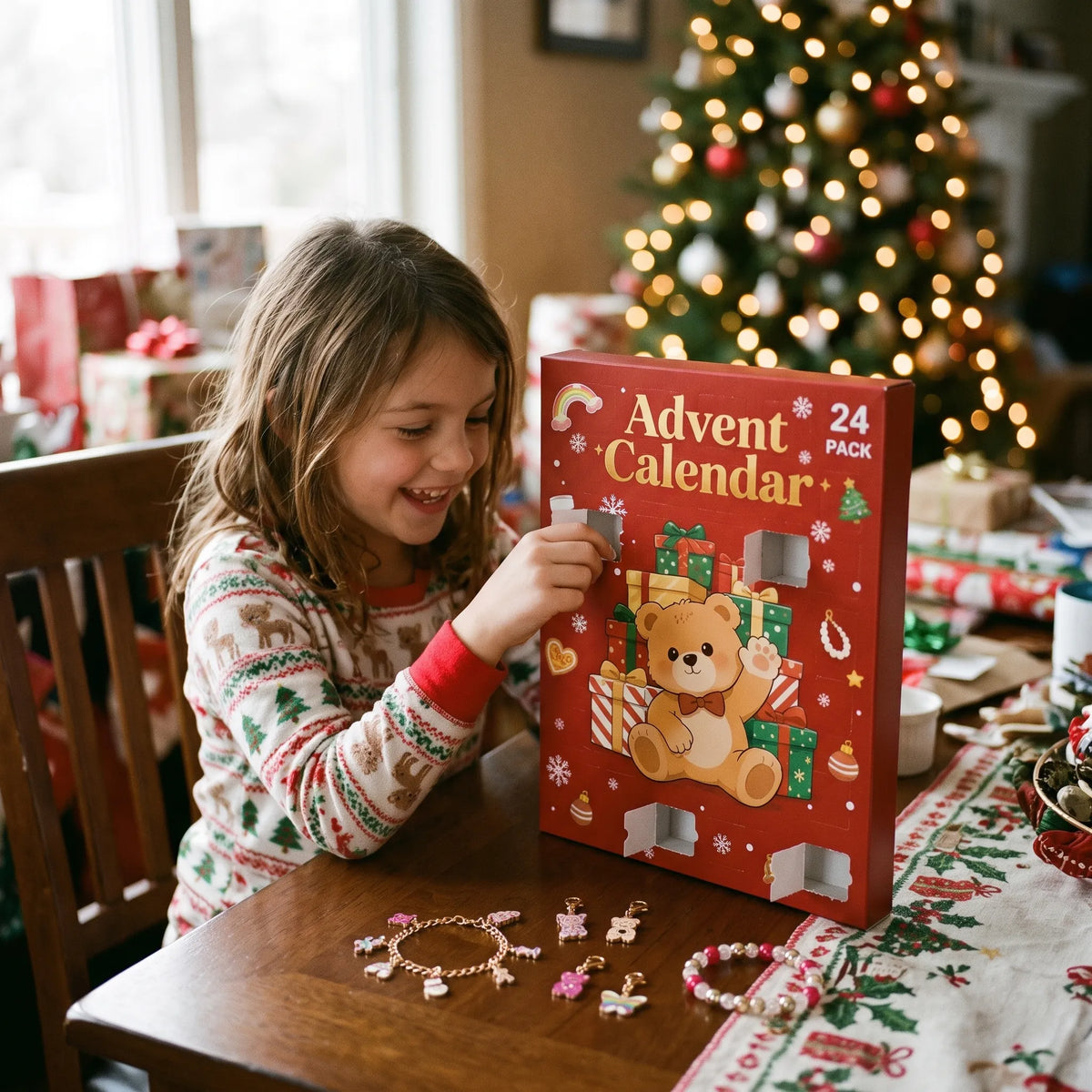 Lachendes Mädchen im Weihnachtspyjama öffnet ein Türchen des roten Adventskalenders mit Teddymotiv, davor liegt Schmuck 1