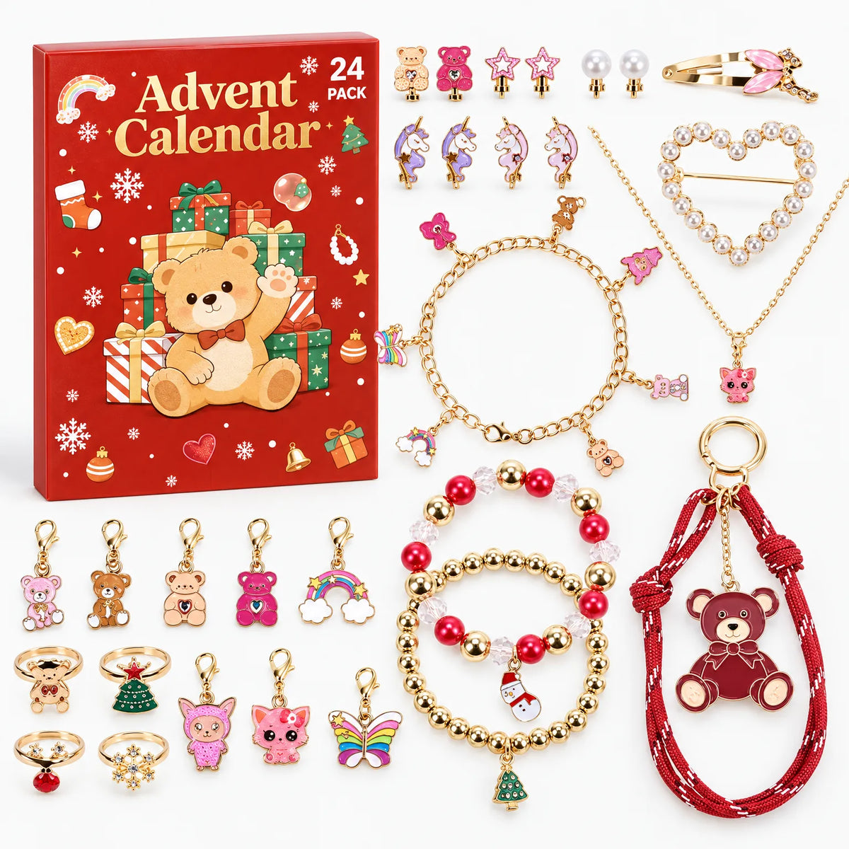 Roter Adventskalender mit Teddymotiv, umgeben von allem enthaltenen Schmuck: Charms, Armbänder, Ringe, Ohrstecker 2