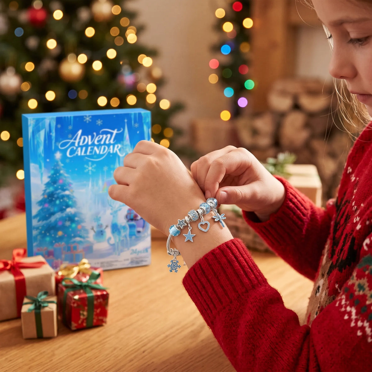 Mädchen im roten Pullover legt sich ein Charm-Armband mit blauen Anhängern an, dahinter Adventskalender und Weihnachtsbaum 1