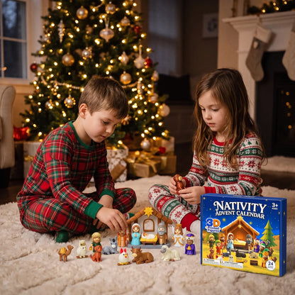 Zwei Kinder in Weihnachtspyjamas spielen vor dem Christbaum mit den aufgebauten Krippenfiguren neben der Schachtel 1
