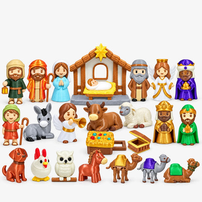 Alle bunten Krippenfiguren, Tiere und der Stall mit Stern und Krippenkind im Überblick auf weißem Hintergrund 2