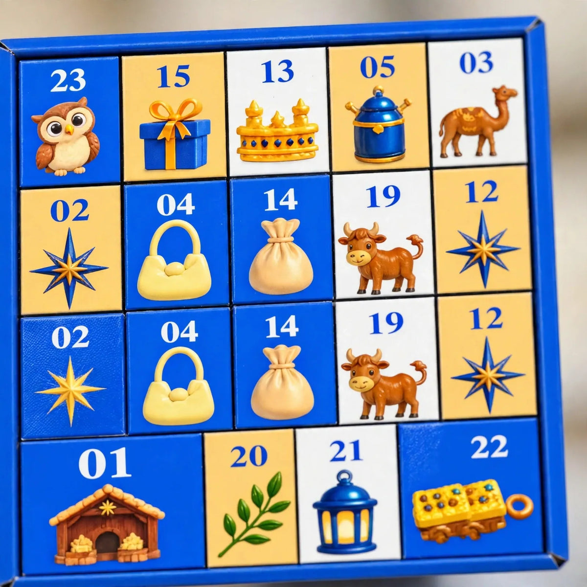 Nahaufnahme der blauen Kalenderschachtel mit nummerierten Türchen und kleinen Motiven wie Eule, Kamel, Krone und Laterne 3