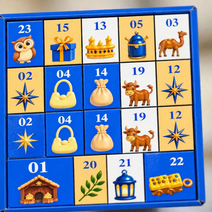 Nahaufnahme der blauen Kalenderschachtel mit nummerierten Türchen und kleinen Motiven wie Eule, Kamel, Krone und Laterne 3