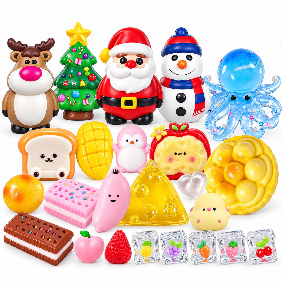 Alle Spielzeugfiguren des Kalenders im Überblick: Weihnachtsmotive, Oktopus, Toast, Käse, Eiswürfel und weitere 2