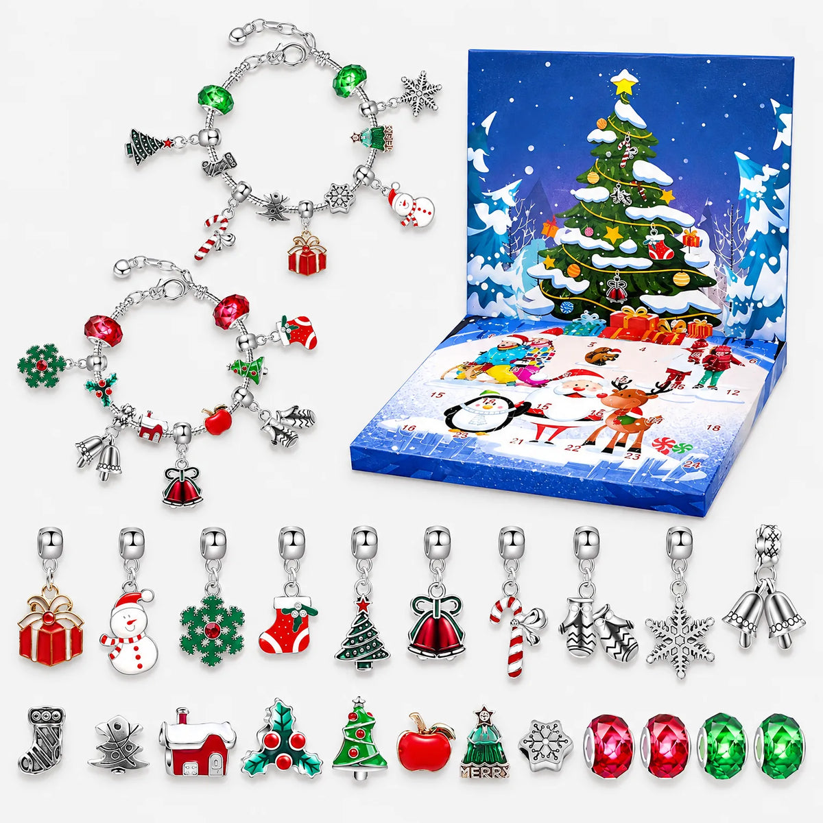 Übersicht auf weißem Hintergrund: zwei fertige Armbänder, der geöffnete Adventskalender und alle einzelnen Weihnachts-Anhänger und Perlen in zwei Reihen. 2