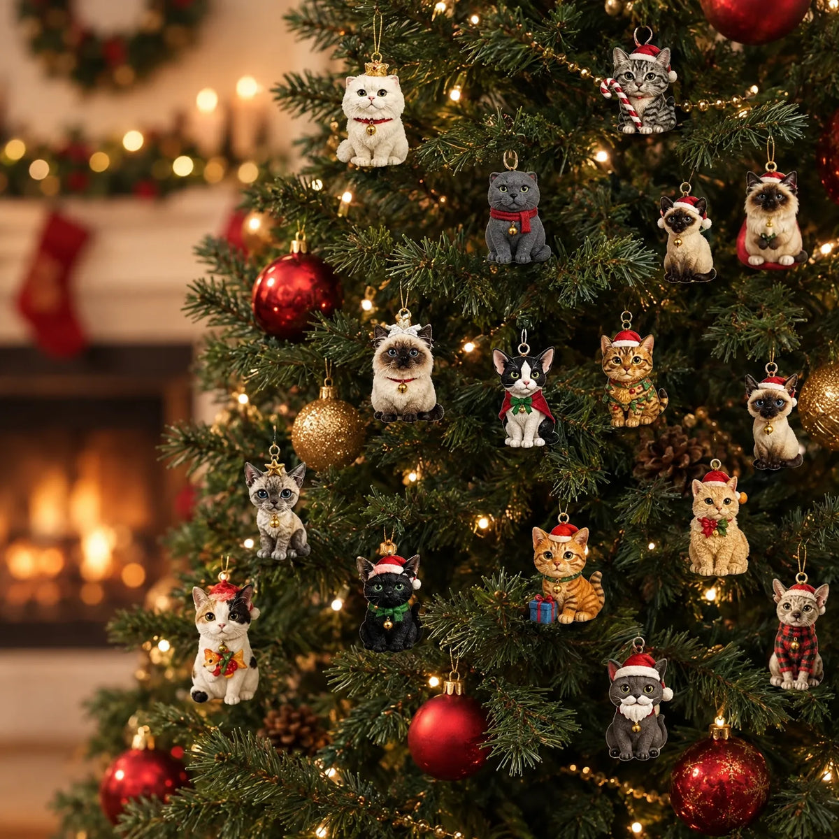 Viele kleine Katzenfiguren mit Weihnachtsmützen und Glöckchen hängen als Schmuck an einem geschmückten Tannenbaum vor einem Kamin. 1