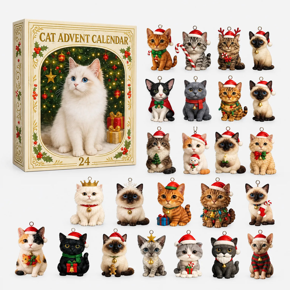 Verpackungsschachtel mit weißer Katze im Weihnachtsmotiv, daneben alle 24 verschiedenen Katzenanhänger in Reihen ausgelegt. 2