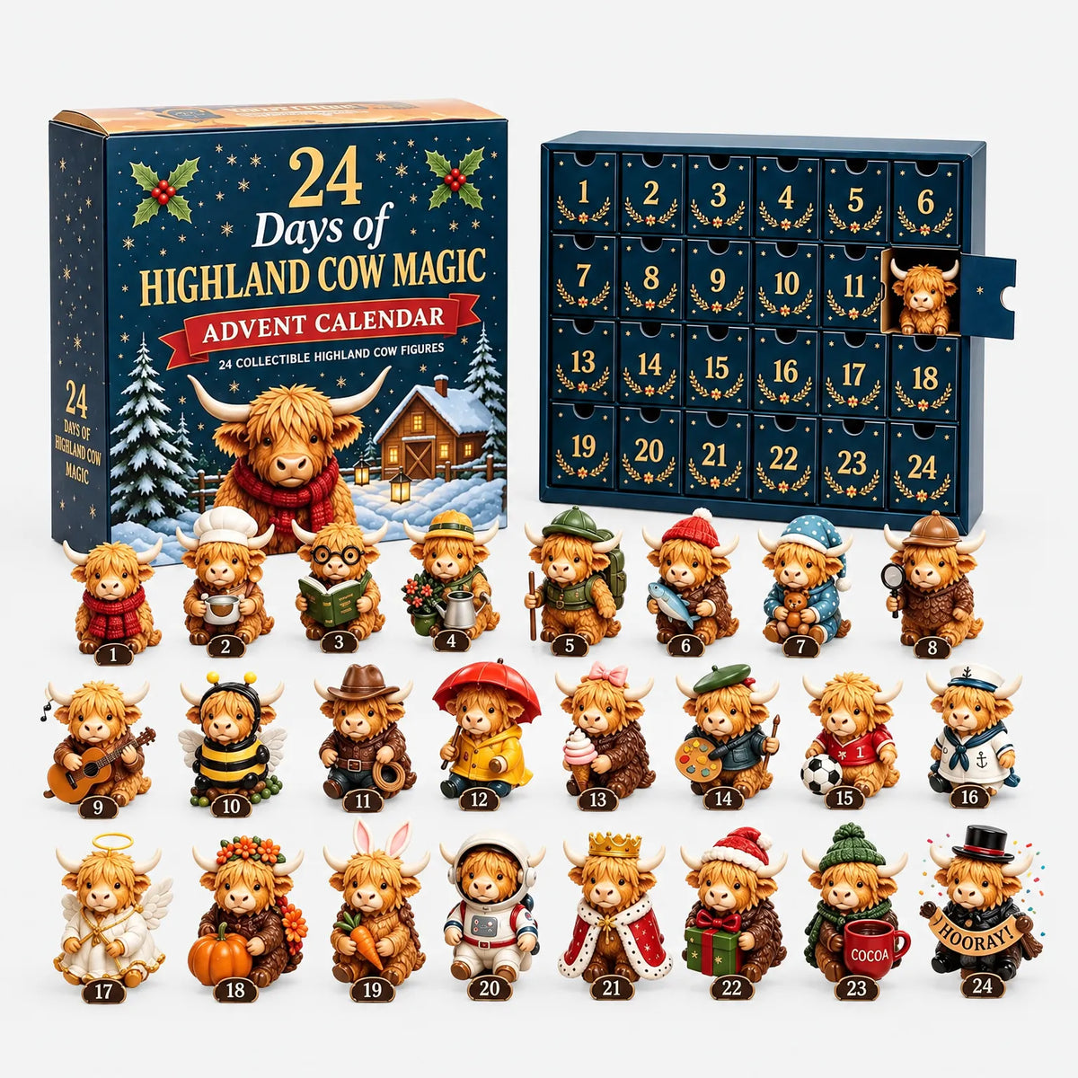 Adventskalender mit Hochlandrindern auf hellem Hintergrund: Schachtel, nummerierte Schubladen mit einer geöffneten Schublade und alle 24 Sammelfiguren in Kostüm 2