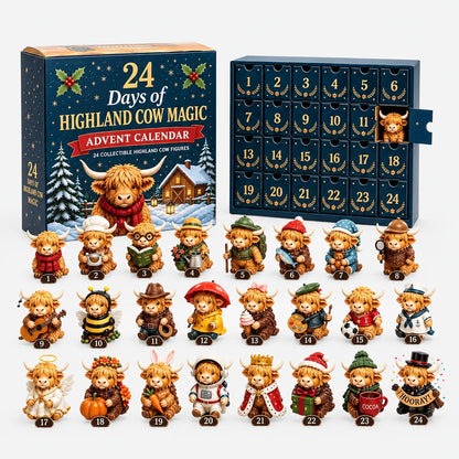Adventskalender mit Hochlandrindern auf hellem Hintergrund: Schachtel, nummerierte Schubladen mit einer geöffneten Schublade und alle 24 Sammelfiguren in Kostüm 2