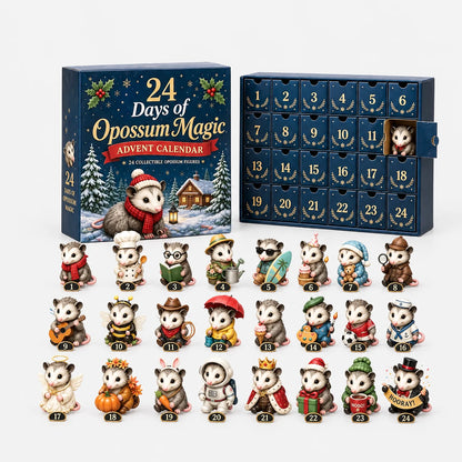 Adventskalender mit Opossum-Motiv auf hellem Hintergrund: Schachtel, 24 nummerierte Schubladen und darunter alle Opossum-Figuren in verschiedenen Verkleidungen. 3