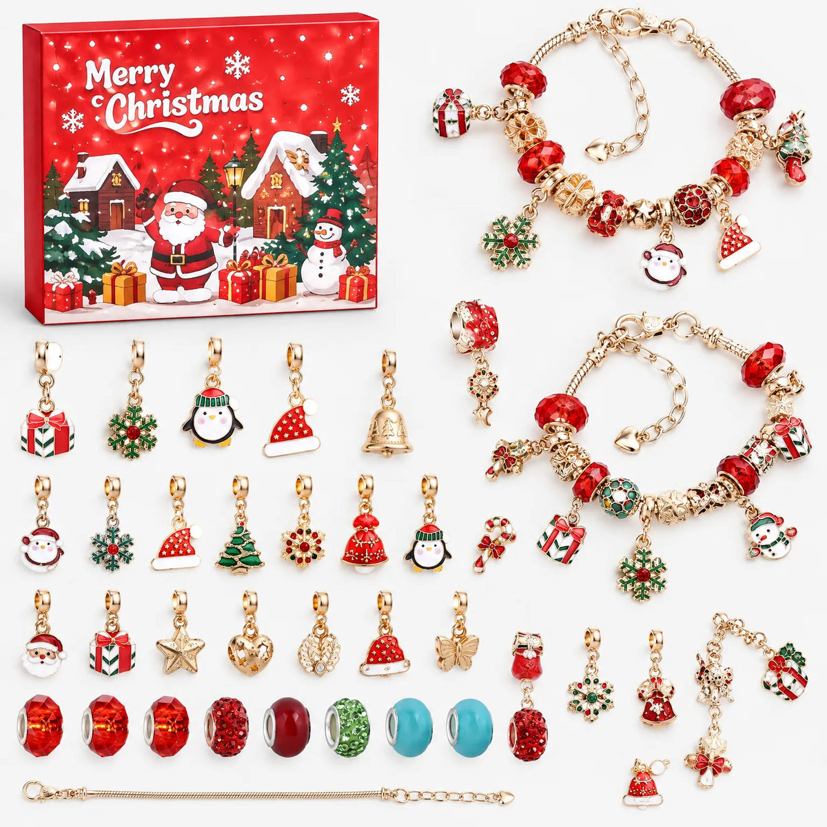 Rot-goldenes Set mit roter Schachtel, zwei Armbändern, einem Ersatzarmband und vielen Weihnachts-Charms wie Pinguin, Zipfelmütze, Schneeflocke und Zuckerstange. 10