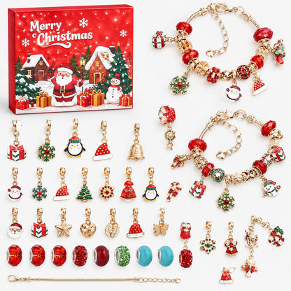Rot-goldenes Set mit roter Schachtel, zwei Armbändern, einem Ersatzarmband und vielen Weihnachts-Charms wie Pinguin, Zipfelmütze, Schneeflocke und Zuckerstange. 10