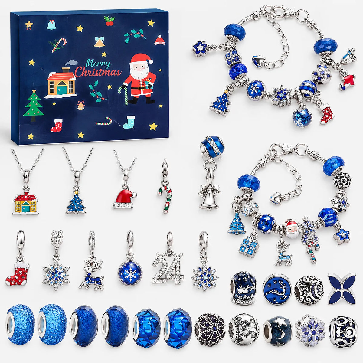 Dunkelblaues Set mit Weihnachtsmann-Schachtel, zwei Armbändern, drei Halsketten und blauen Perlen sowie Charms wie Haus, Tannenbaum, Rentier und Zahl 24. 11
