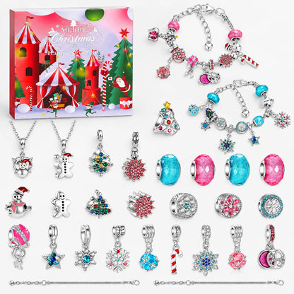 Set in Rosa und Türkis mit Zirkuszelt-Schachtel, zwei Armbändern, zwei Halsketten sowie Schneemann-, Lebkuchen-, Tannenbaum- und Schneeflocken-Charms und Perlen 12