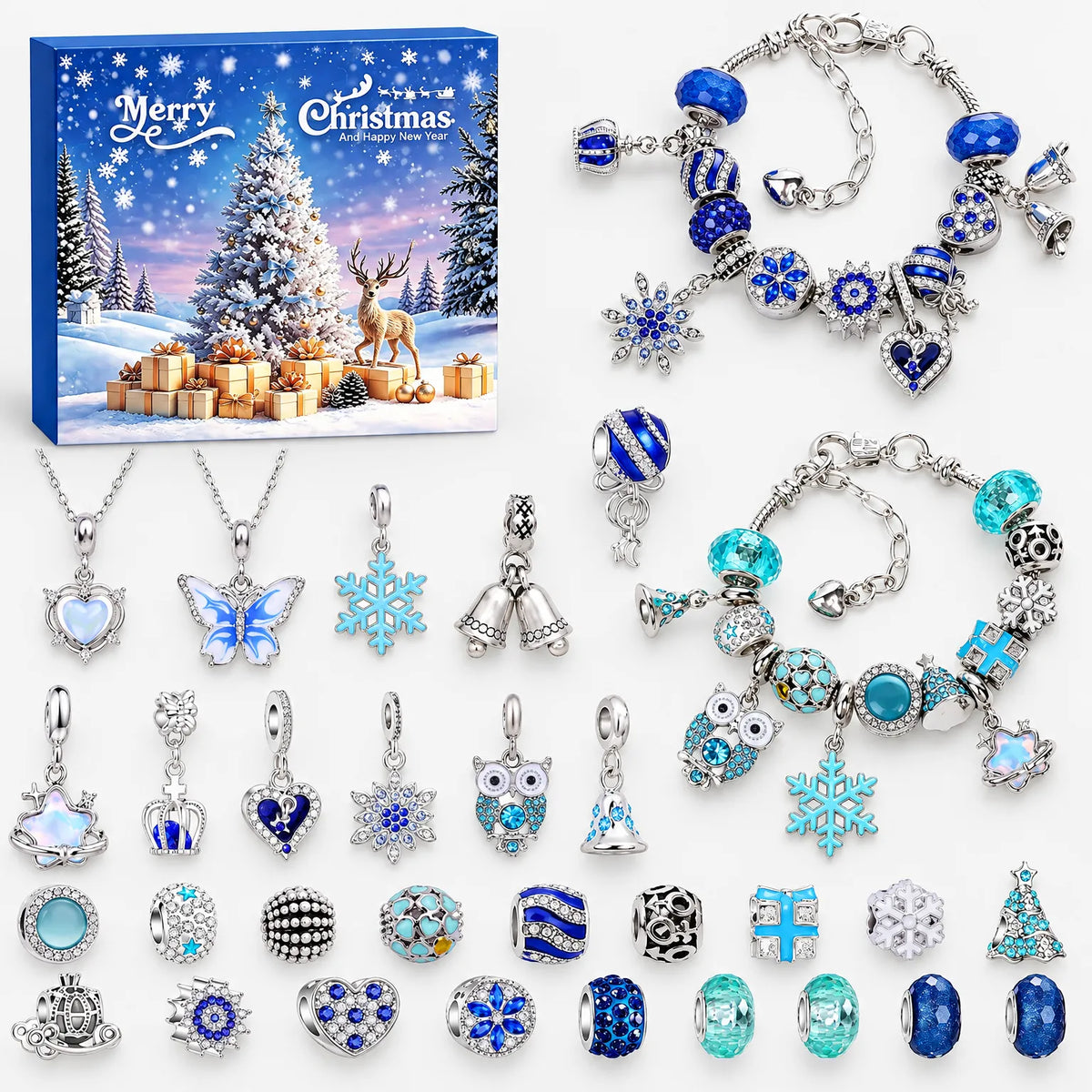 Adventskalender-Set in Blau mit Schachtel, zwei fertigen Armbändern, zwei Halsketten und vielen einzelnen Charms und Perlen in Blau- und Türkistönen. 2