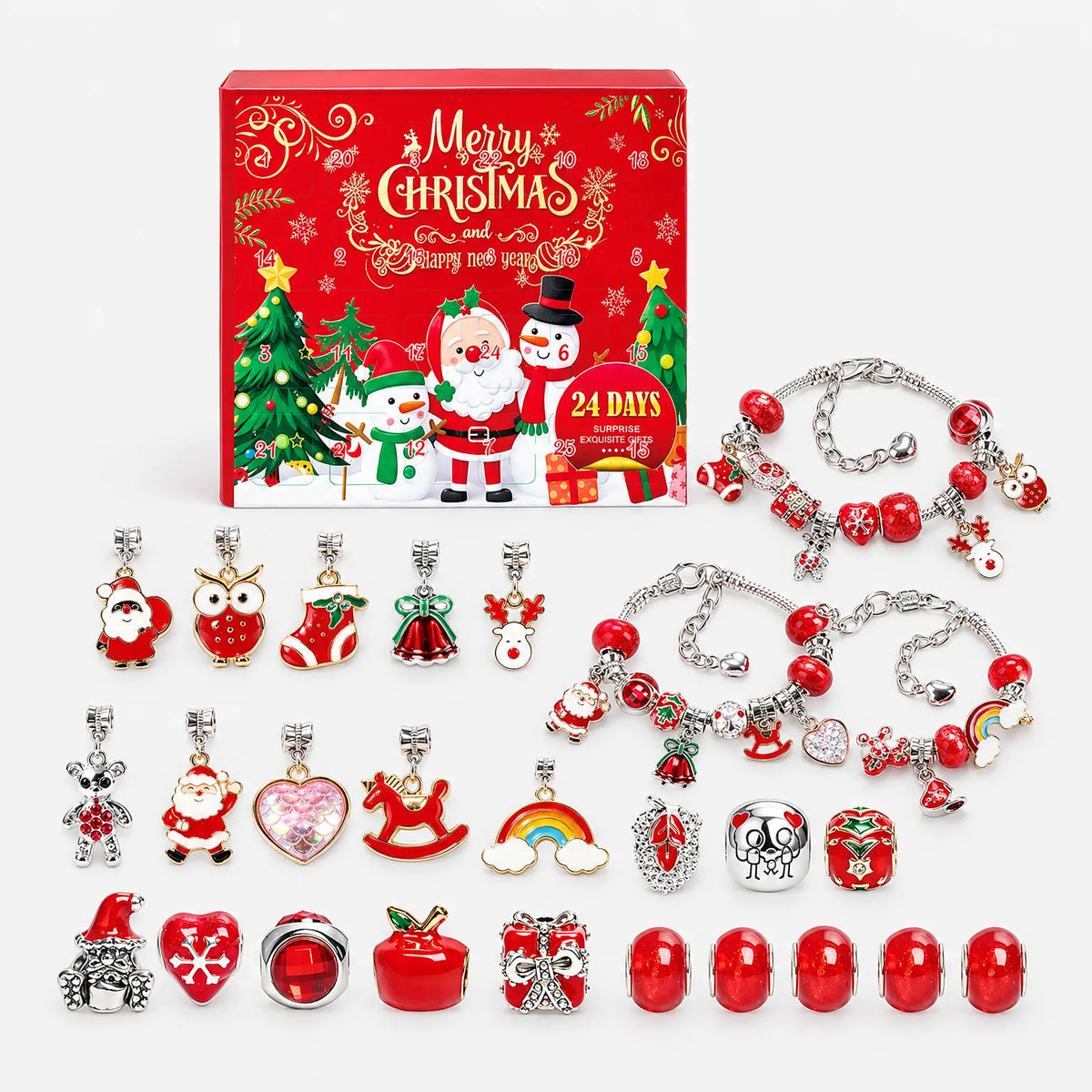 Rotes Adventskalender-Set mit Schachtel, drei fertigen Armbändern und vielen roten Charms, Perlen und Anhängern wie Weihnachtsmann, Rentier und Regenbogen. 4