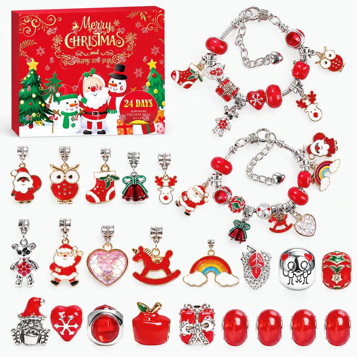 Rote Variante des Sets mit Schachtel, zwei fertigen Armbändern sowie Weihnachtsmann-, Eulen-, Stiefel- und Glocken-Anhängern und roten Perlen. 5