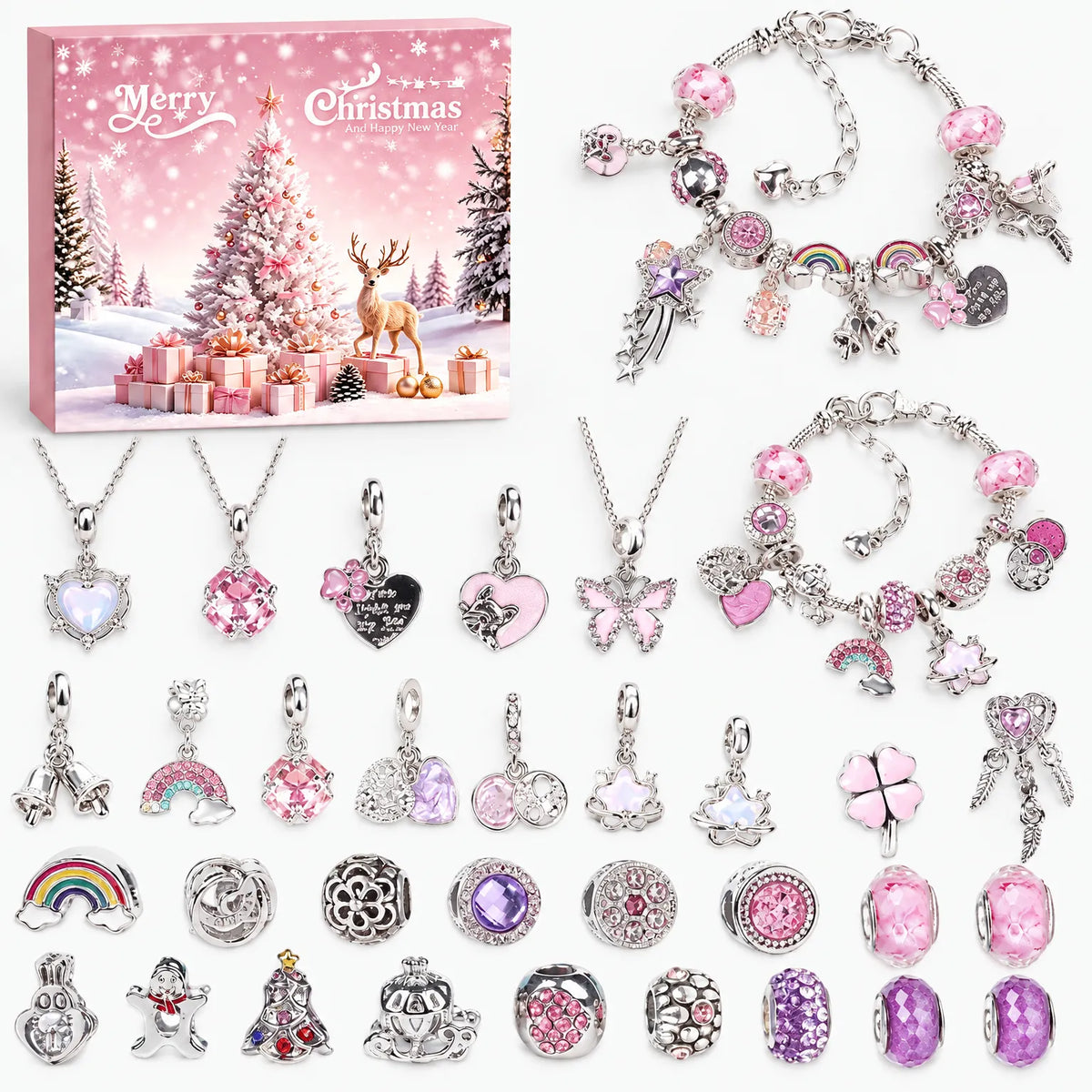 Rosa Variante des Sets mit Schachtel, zwei Armbändern, drei Halsketten und zahlreichen rosa und lila Charms, Perlen und Regenbogen-Anhängern. 6