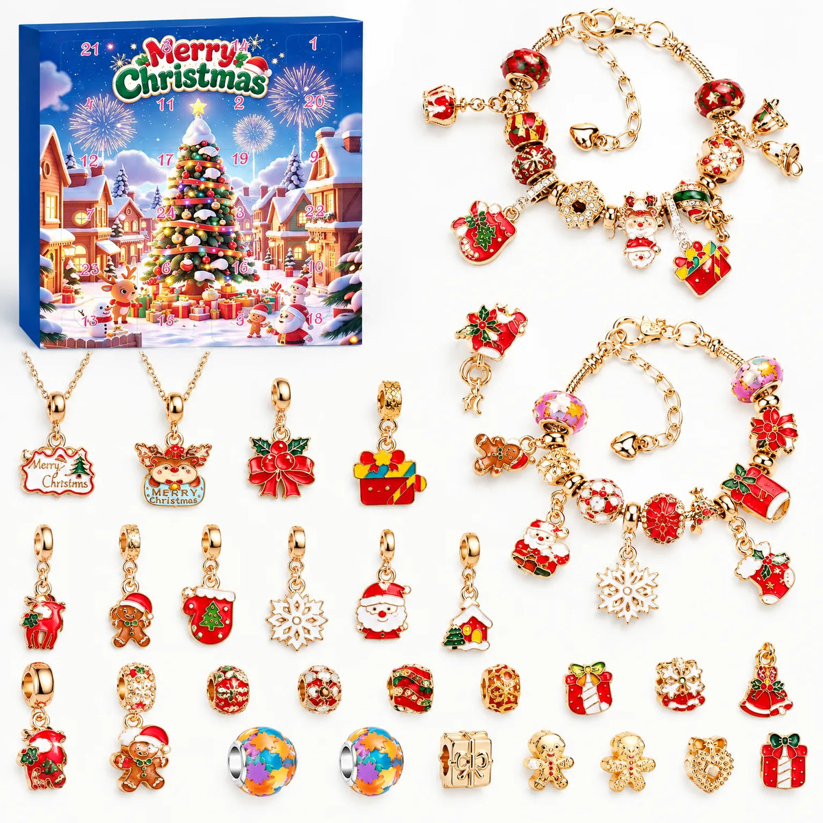 Goldfarbenes Set mit blauer Schachtel, zwei Armbändern, zwei Halsketten und roten Weihnachts-Charms wie Lebkuchenmann, Weihnachtsmann und Stiefel. 7