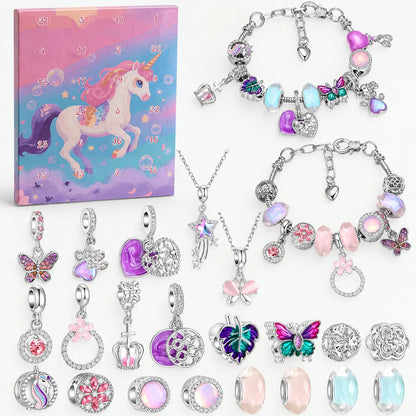 Einhorn-Variante mit bunter Schachtel, zwei Armbändern, zwei Halsketten sowie Schmetterlings-, Herz- und Kronen-Charms in Rosa, Lila und Hellblau. 8
