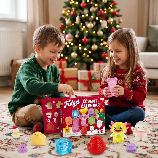 Zwei lachende Kinder sitzen vor dem Weihnachtsbaum und spielen mit bunten Squishy-Figuren aus dem Kalender 1