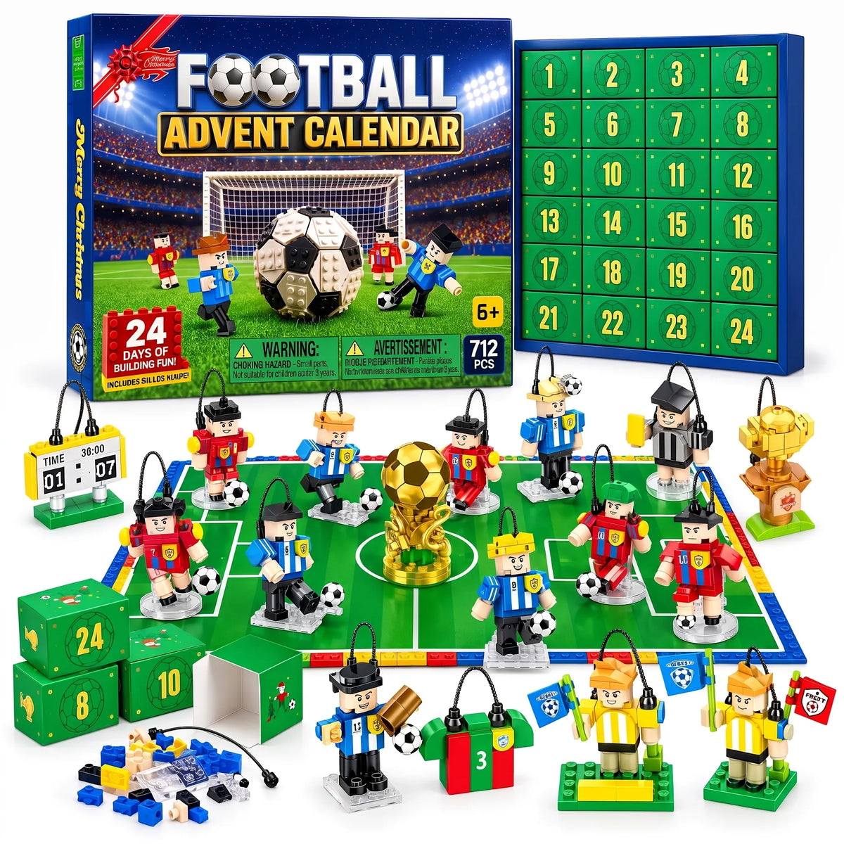 Verpackung, geöffnetes Kalenderfeld mit 24 Türchen sowie alle Bausteinfiguren, Spielfeld, Pokal und Anzeigetafel 2
