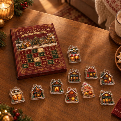 Der Adventskalender liegt auf einem Holztisch, davor verteilt zehn durchsichtige Häuschen-Anhänger, daneben Kerze, Tannenzweige und eine Tasse Kakao. 3