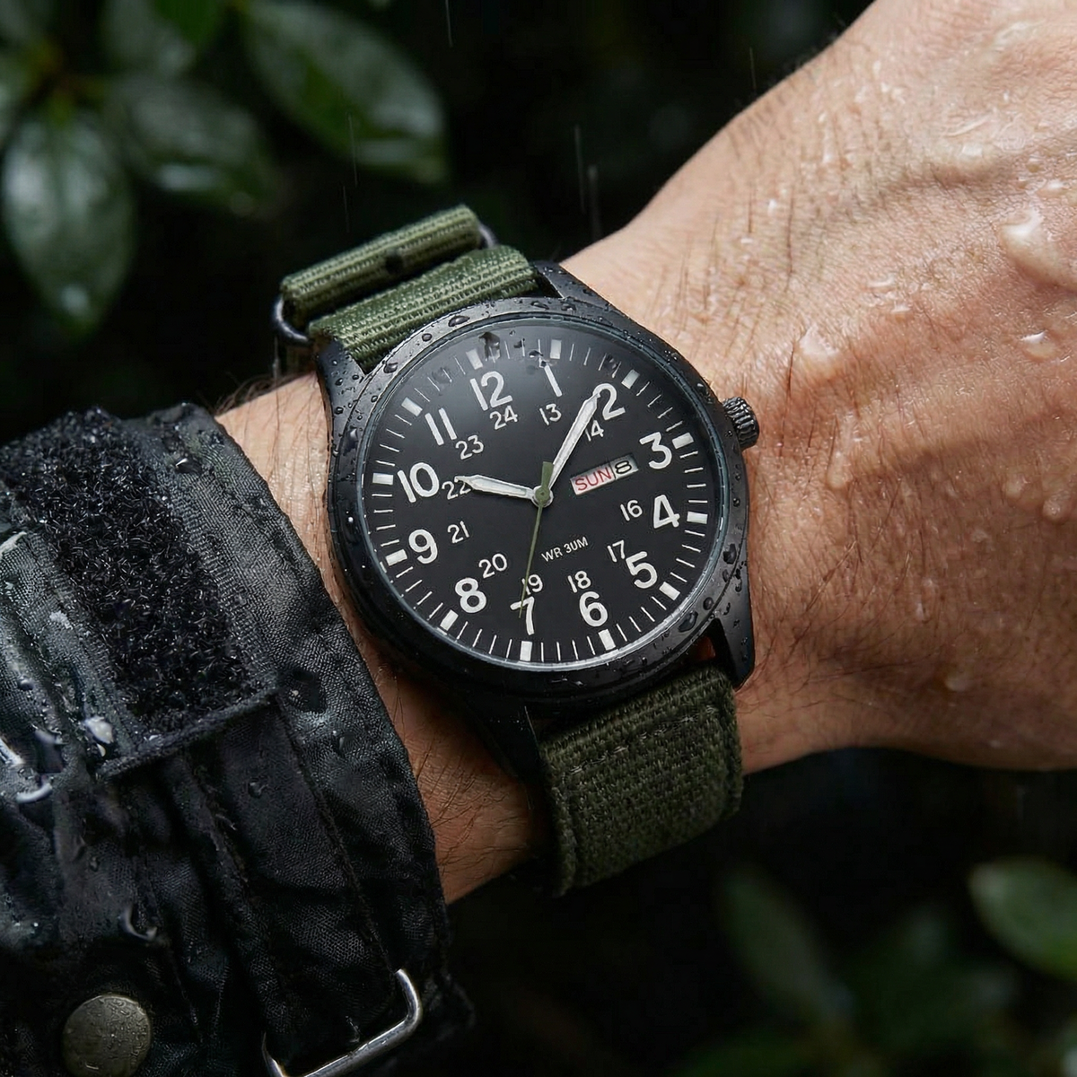 Herrenuhr im Feldstil am Handgelenk mit Regen und dunklem Hintergrund.