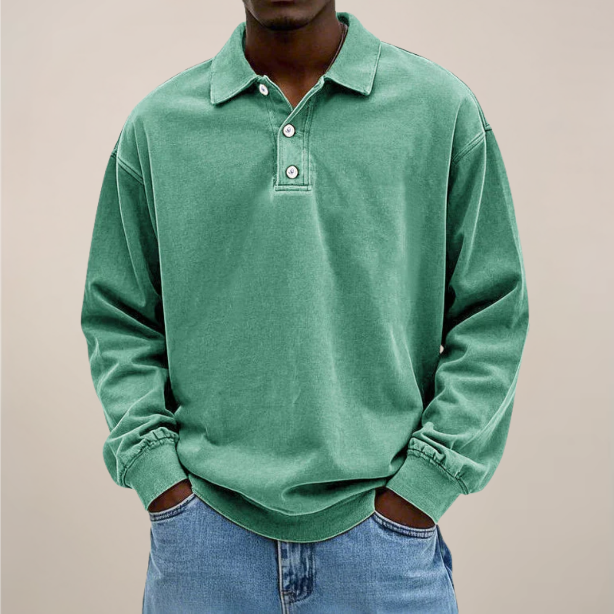Herren Langarm-Poloshirt in Mintgrün, Frontansicht am Model