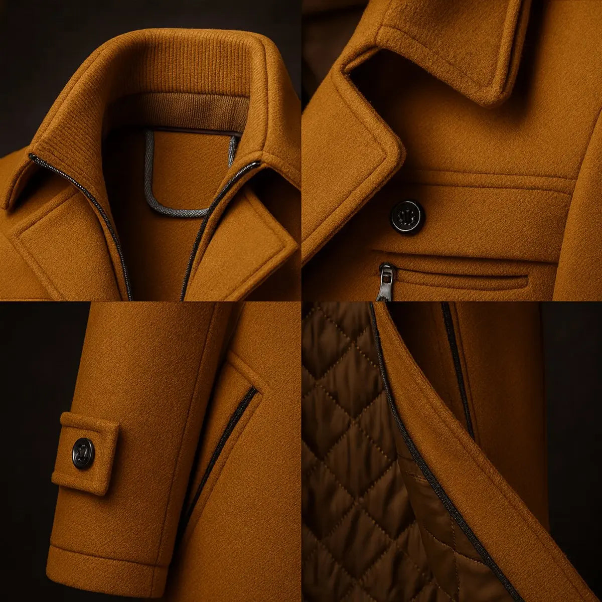 Collage mit vier Detailaufnahmen des senfbraunen Mantels: Doppelkragen, Brusttasche, Ärmelpatte und gestepptes Futter 2