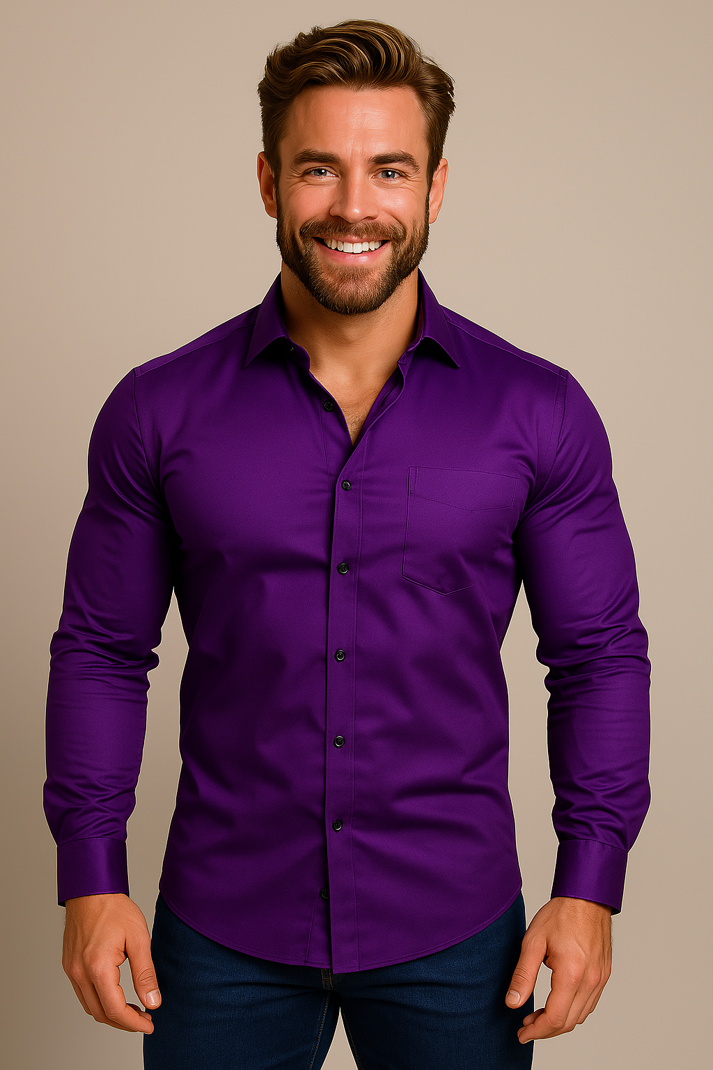 Mann trägt das Hemd in Violett mit Brusttasche und schwarzen Knöpfen zu dunkler Jeans 6