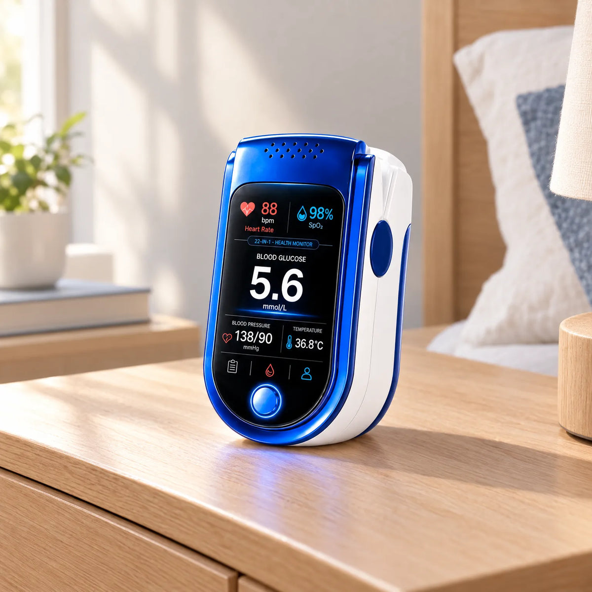 Blau-weißes Fingerclip-Messgerät mit hellem Display steht auf einem Holznachttisch neben Kissen und Pflanze in sonnigem Schlafzimmer. 1